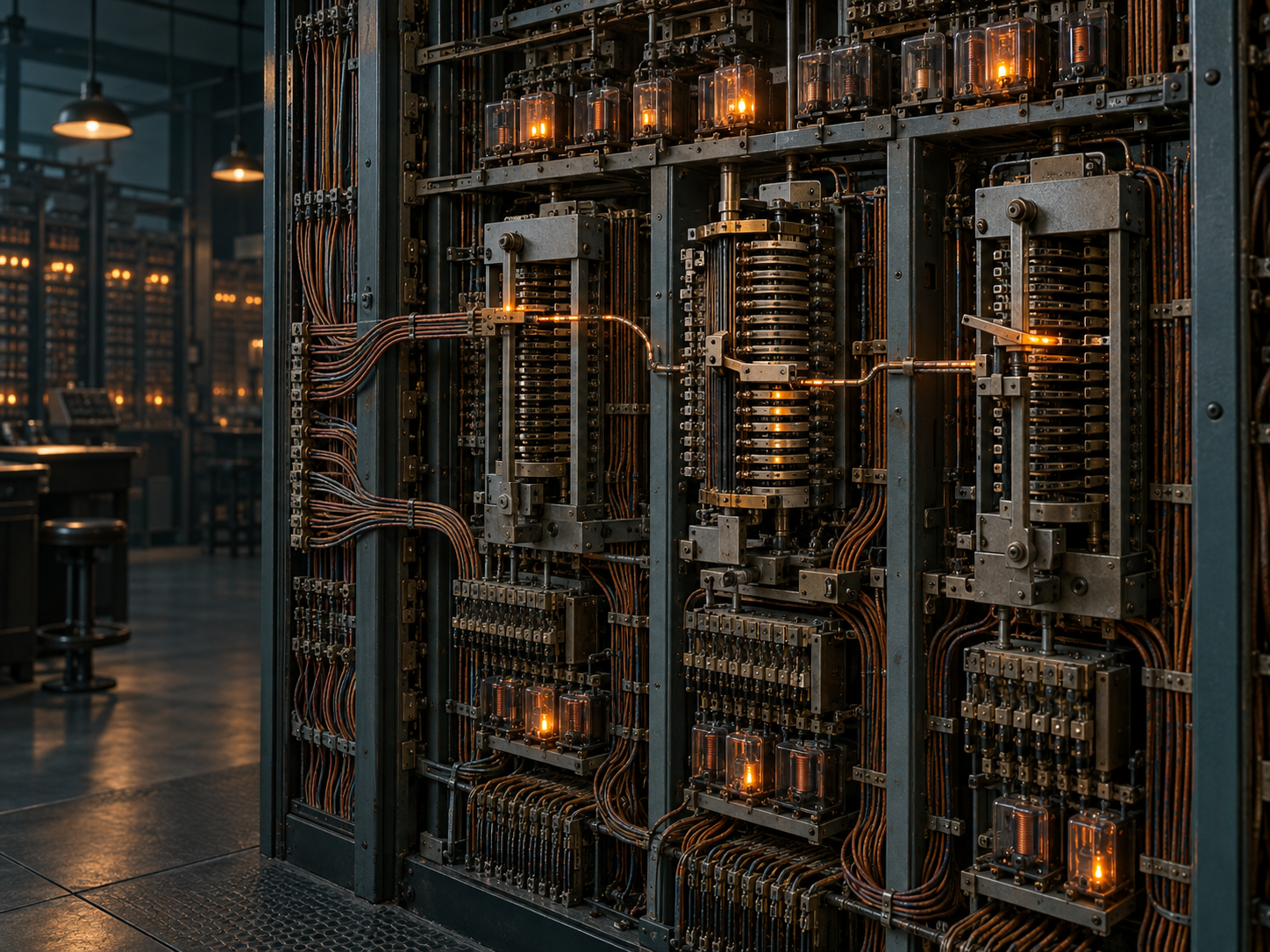 Detailed electromechanical telephone exchange rack with selectors and copper wire bundles