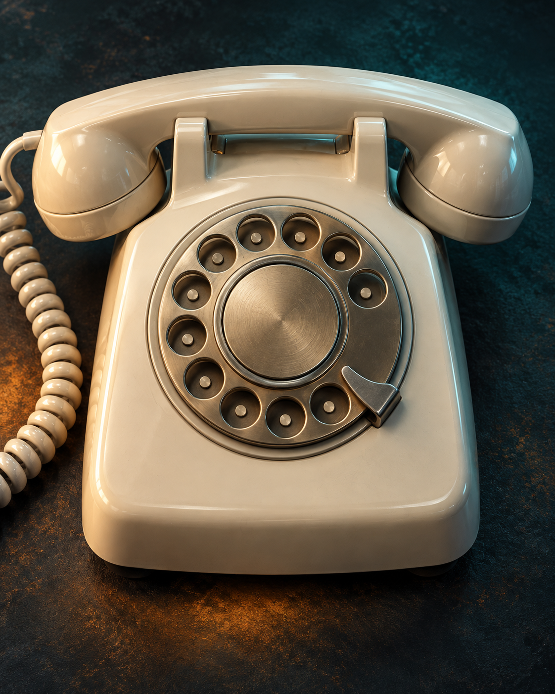 Three-dimensional ivory rotary telephone with a large circular dial