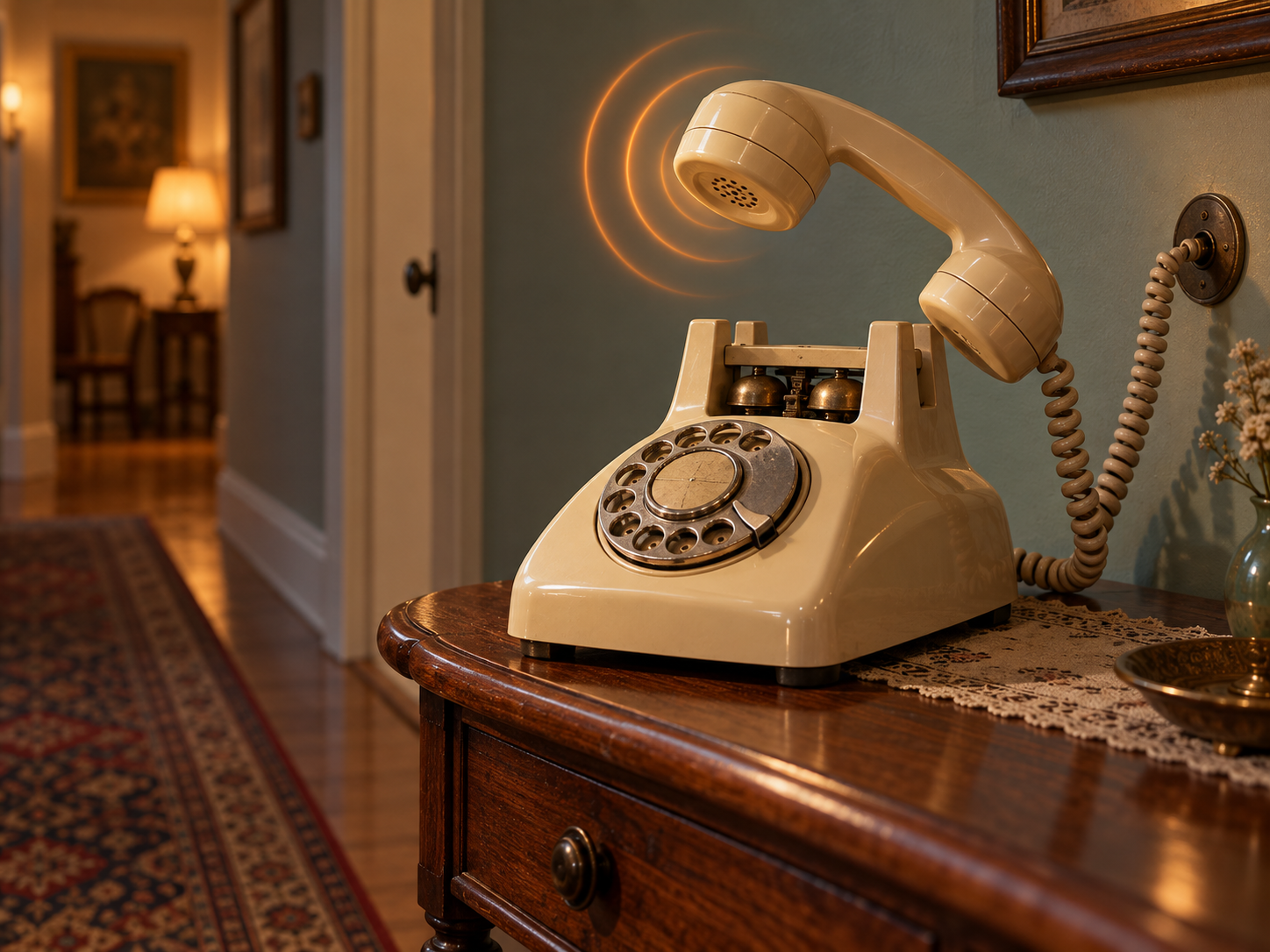 Detailed ivory rotary telephone with its handset lifted and amber ringing waves