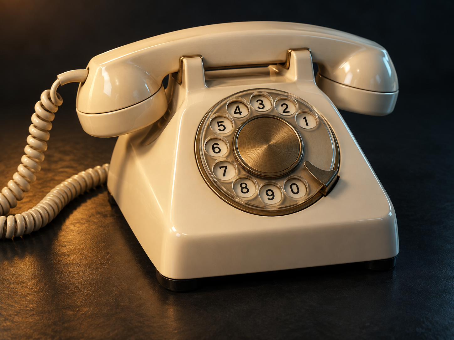 Detailed ivory rotary telephone with its finger wheel in a warm studio light